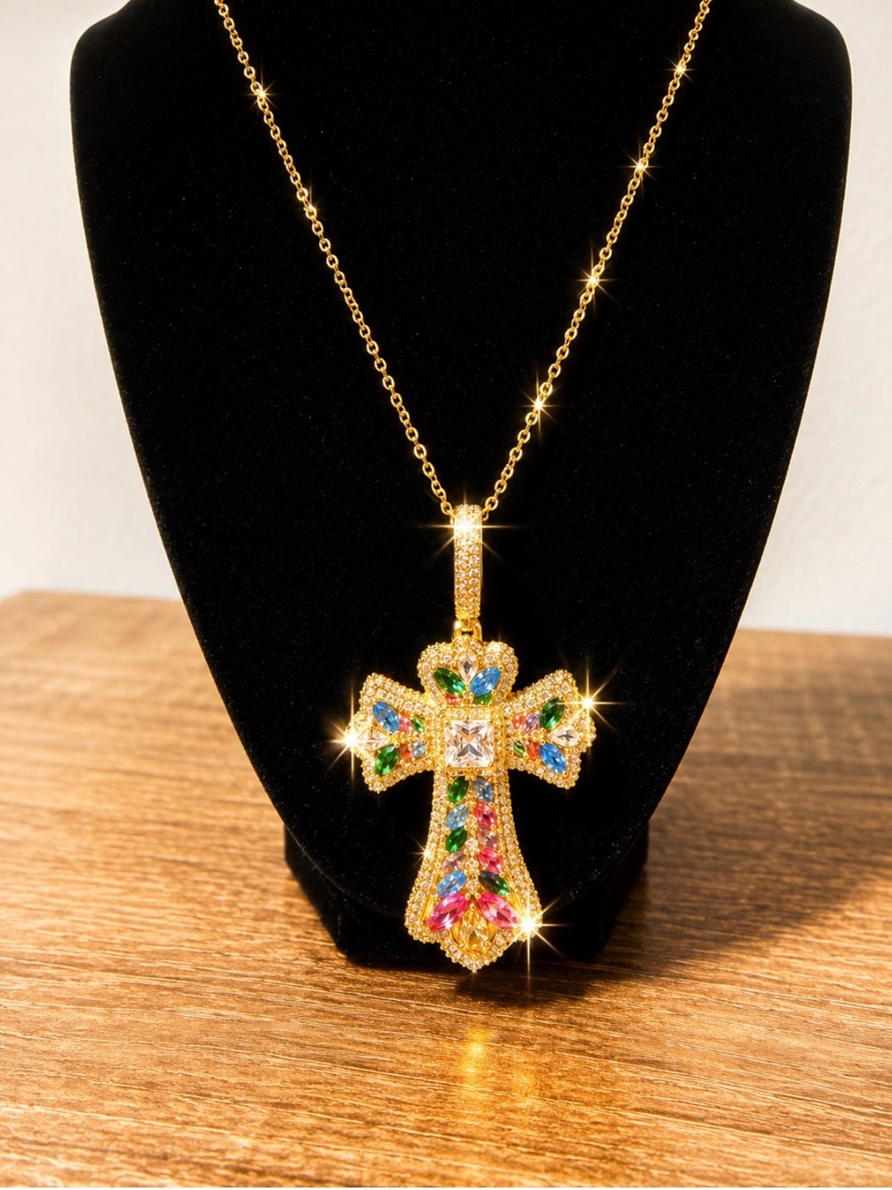 Gold-Tone Multicolor Gem Cross Pendant Necklace - Women
